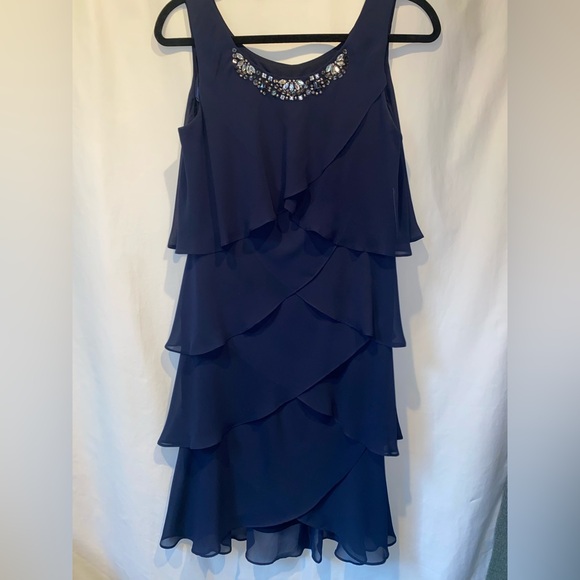 💙 SLNY SL Fashion New York Embellished Navy Tiered Chiffon Dress & Capelet  NWT - Picture 6 of 10